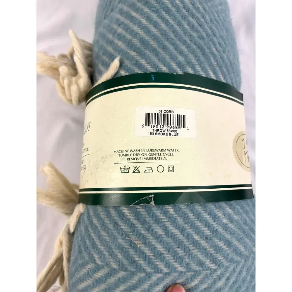 Vintage Italian Herringbone Throw Blanket Smoke Blue 53x60 Fringe Made‎ in Italy
